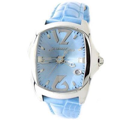 Light-blue dial women’s watch, silver case, crocodile leather strap, large 12 and 6 markers