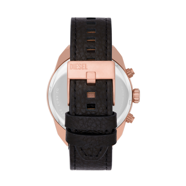 Rose gold chronograph watch on black leather strap showing subdials and date display
