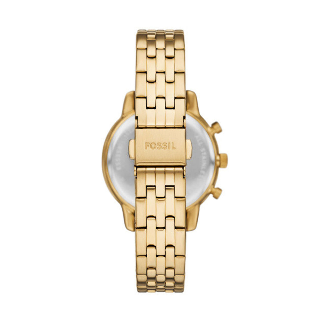 Gold-tone chronograph wristwatch with mother-of-pearl dial and crystal-studded bezel on bracelet