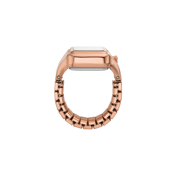 Rose gold-tone watch ring with rectangular face, Roman numerals, adjustable band on hand