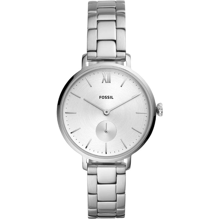 Silver stainless steel minimalist wristwatch with small-seconds subdial on metal link bracelet