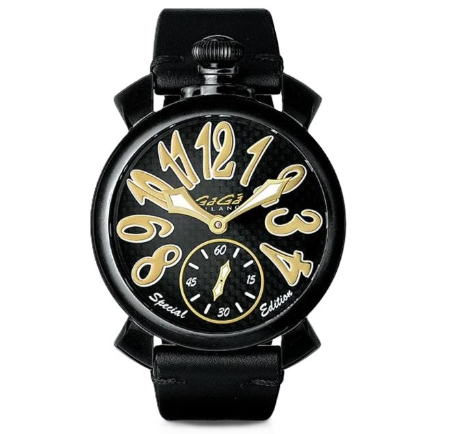Black round dial wristwatch with large gold numerals, black leather strap and crown at 12 o'clock