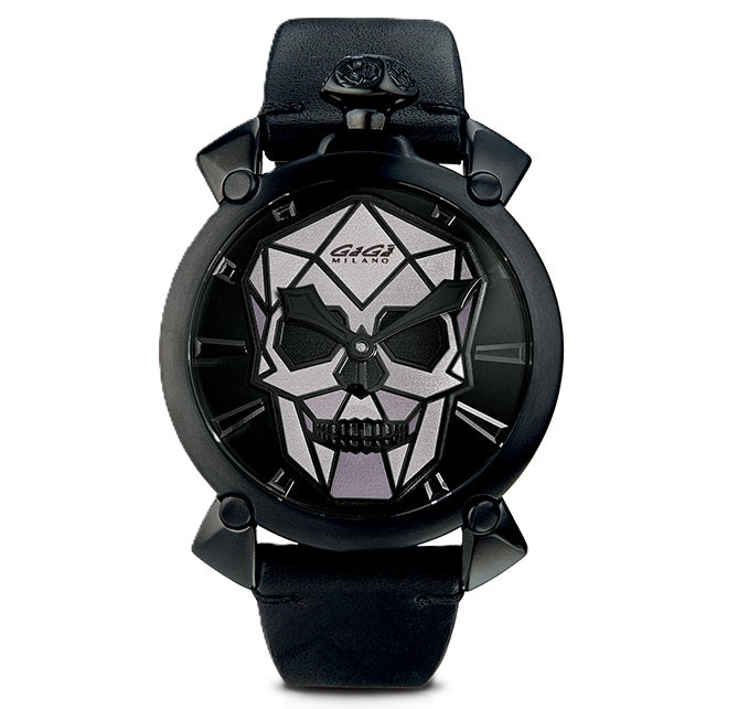 Black and silver wristwatch, IP Black steel case, sapphire dial, leather strap, 48 mm face.