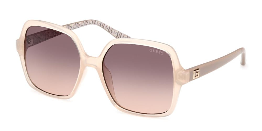 Beige oversized square sunglasses with gradient brown lenses and logo temples on a neutral background