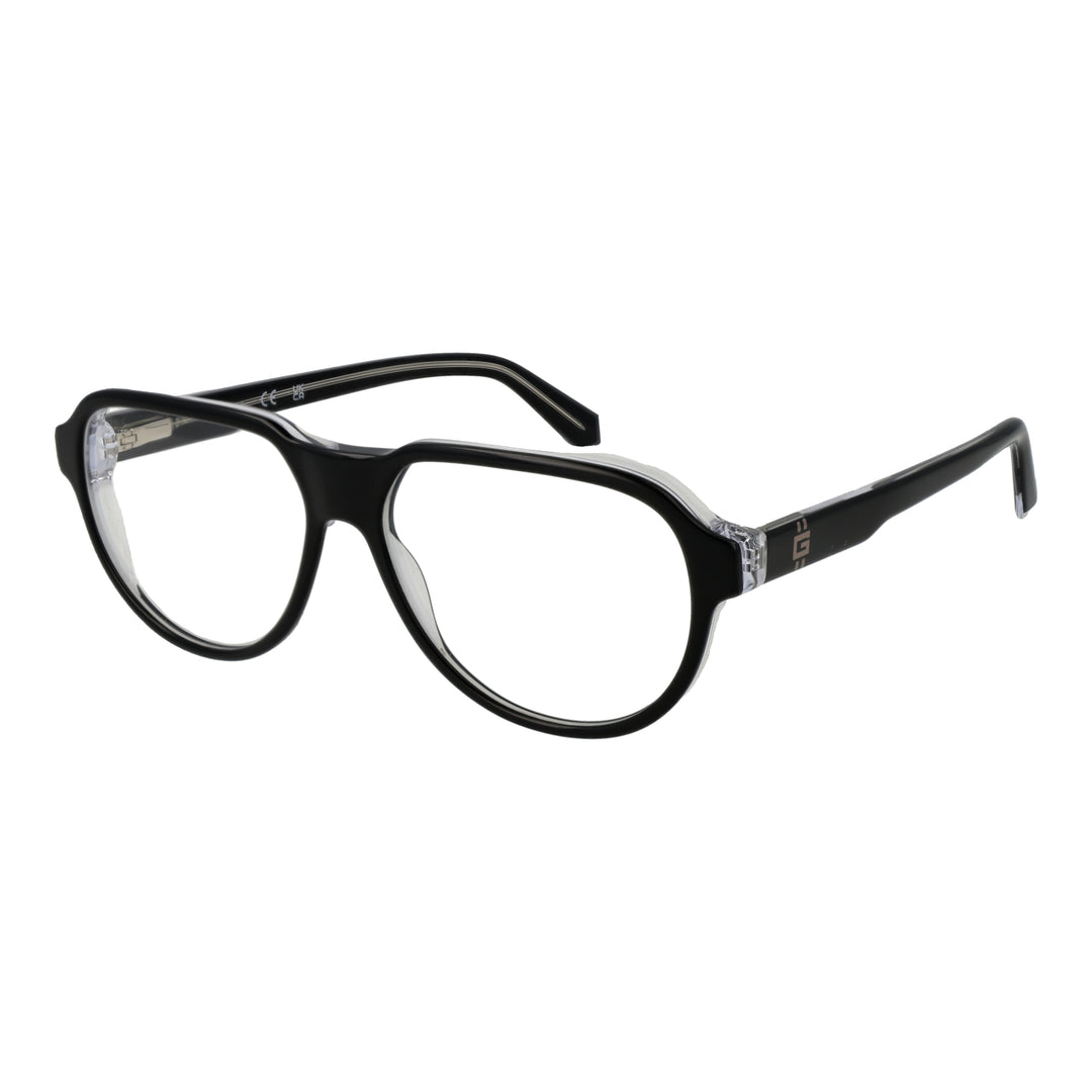 Unisex black full-rim rectangular eyeglasses with clear transparent temple accents and rounded edges