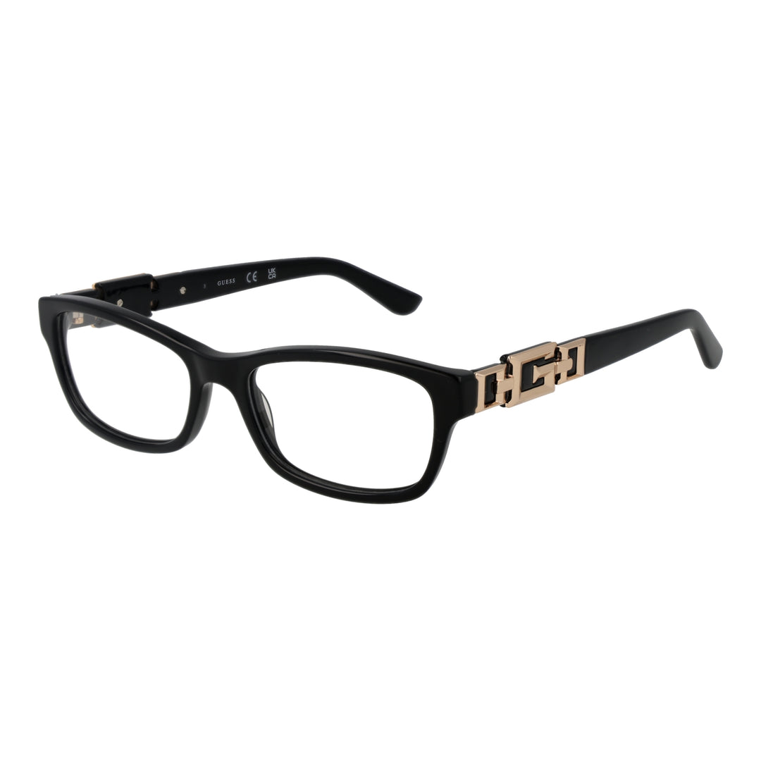 Black full-rim rectangular eyeglasses in plastic with gold decorative temple accents, modern design for Women