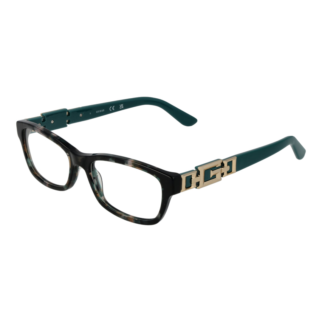 Black rectangular eyeglasses for Women with green-tinted lenses and gold logo temples, plastic full-rim frame