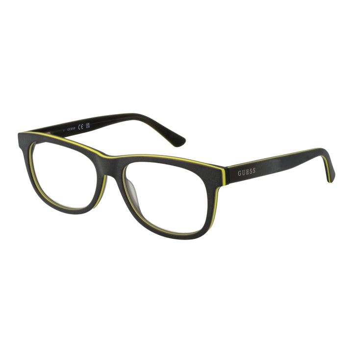 Black full-rim rectangular eyeglasses with yellow temple accents and branded logo, Unisex modern plastic frame