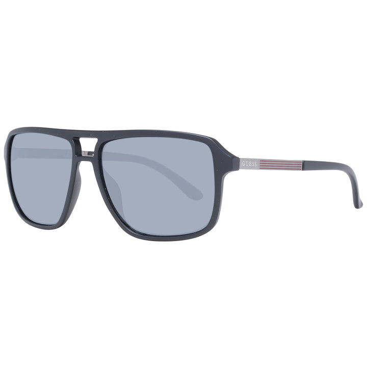 Black plastic sunglasses for Man with rectangular gray lenses and metal temple accents, double bridge