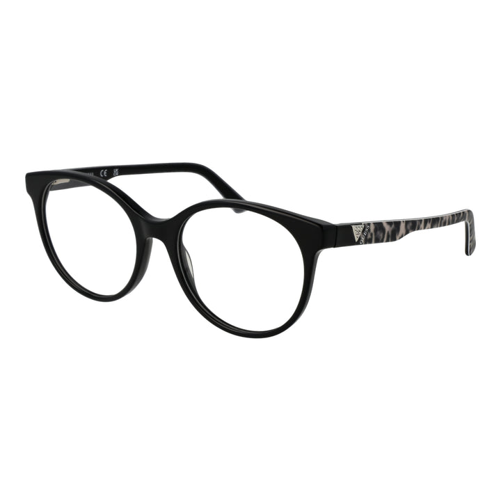 Black round full-rim eyeglasses with leopard-print temples and logo detail, modern fashionable Women’s frame