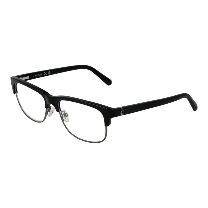 Black and silver semi-rimless eyeglasses with rectangular lenses, plastic upper frame and metal lower rim