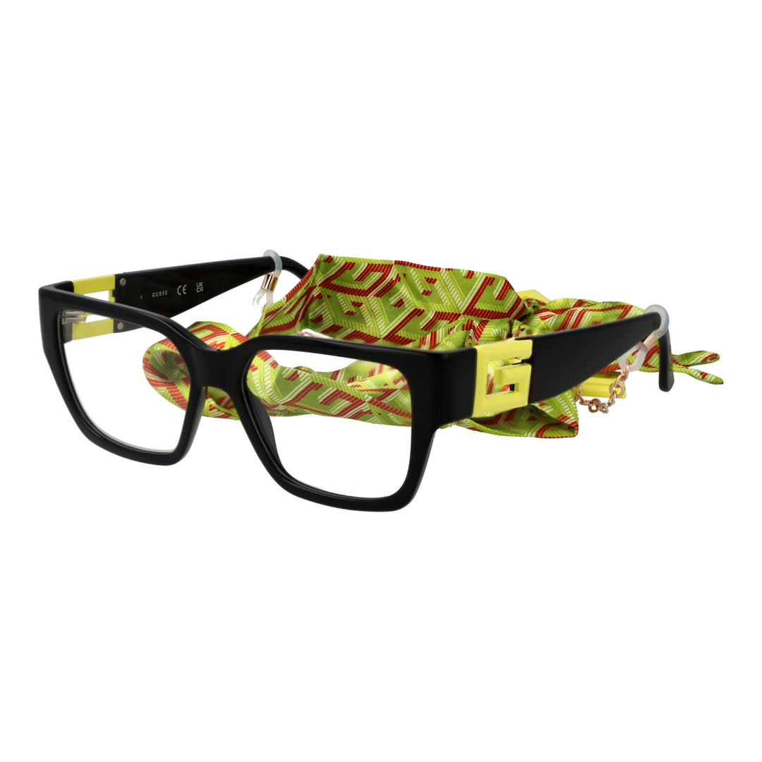 Black rectangular full-rim eyeglasses with colorful temple accents, decorative 'G' logo and attached chain