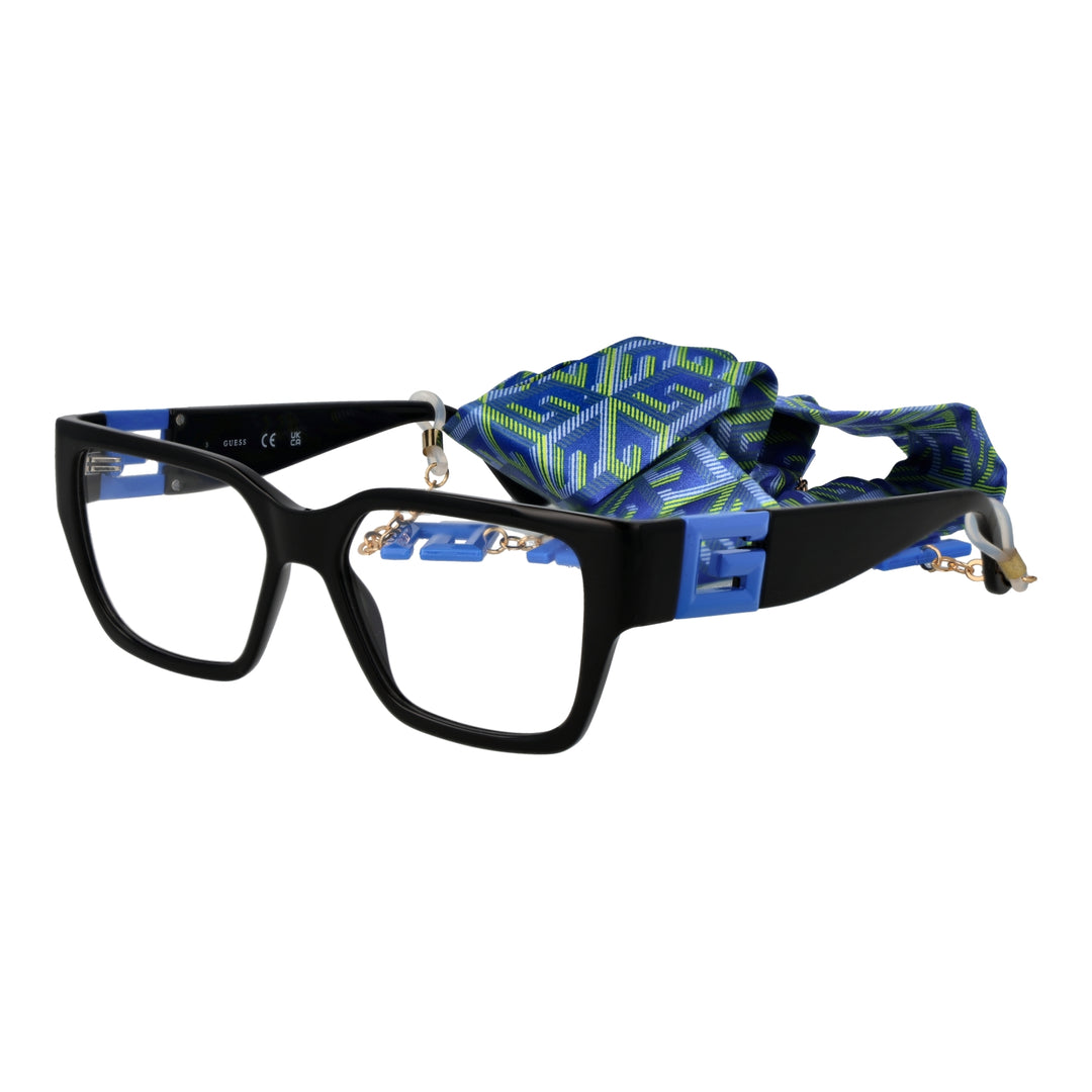 Black square eyeglasses with blue-green accents, attached patterned fabric strap and decorative metal chain with blue letters