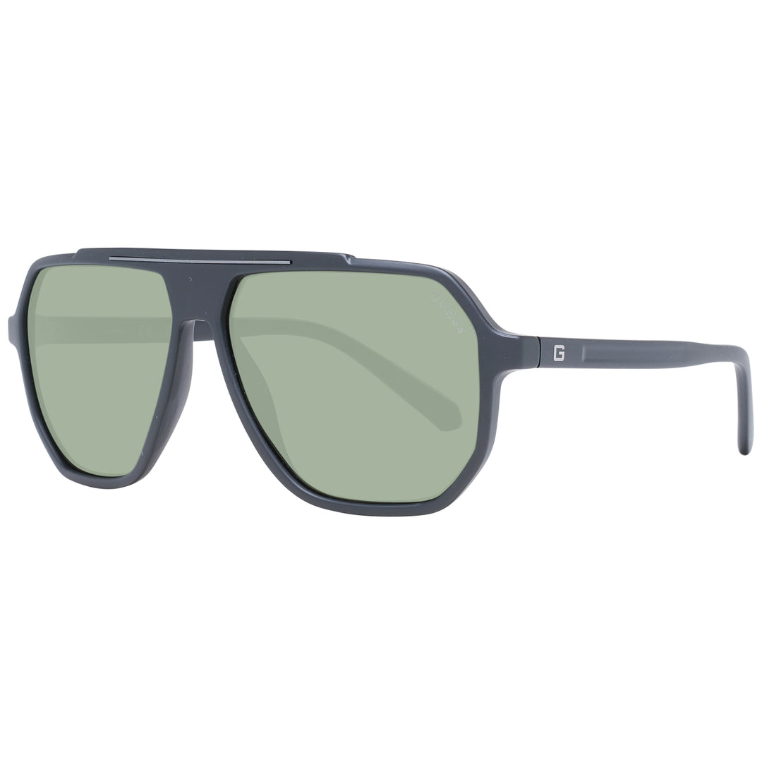 Dark gray plastic rectangular sunglasses with green lenses, double bridge, and logo on temple