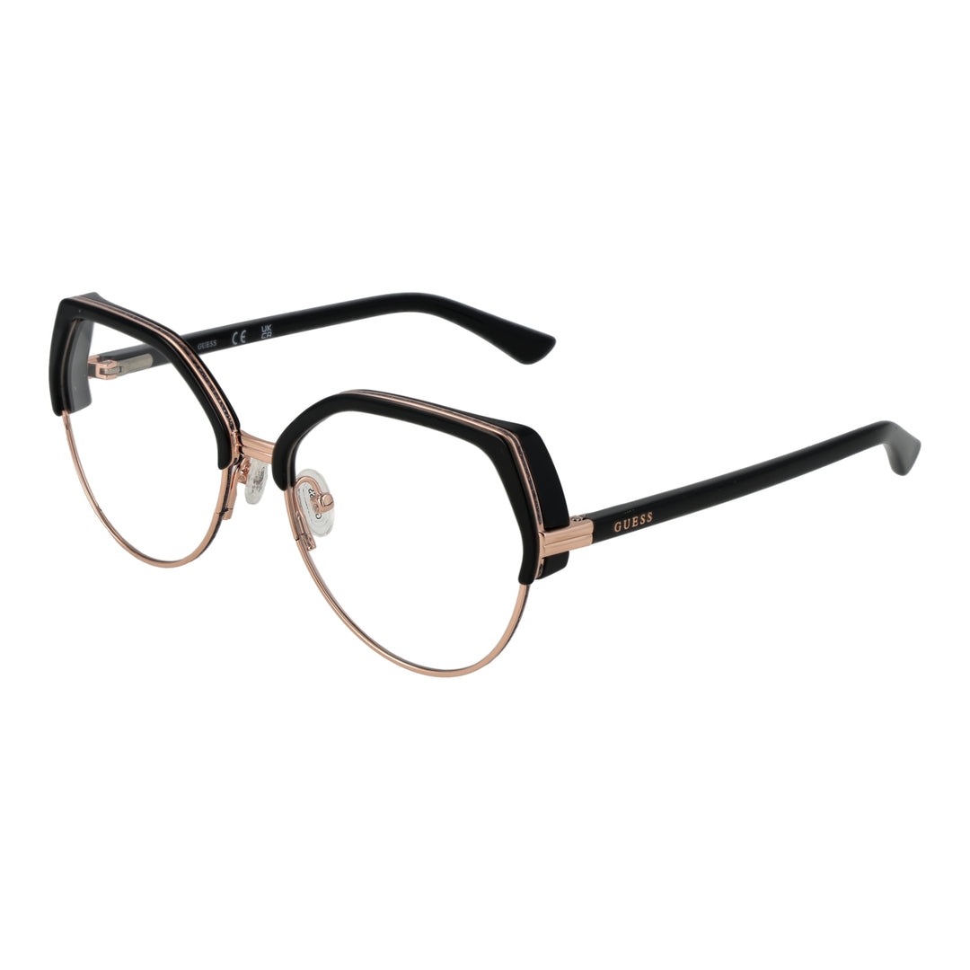 Black and rose gold geometric round eyeglasses; thin metal bridge and thick upper rim on neutral background