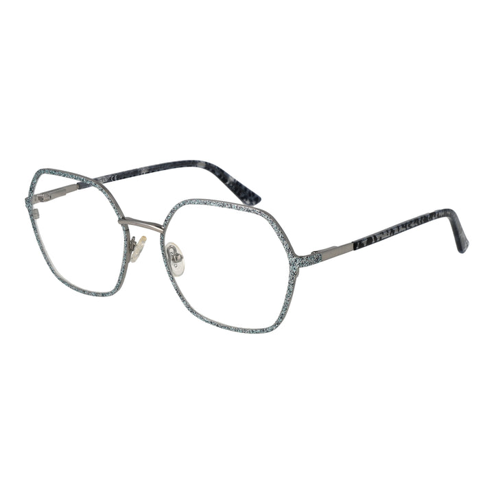 Silver and black hexagonal eyeglasses with glitter frame front and adjustable nose pads for Women