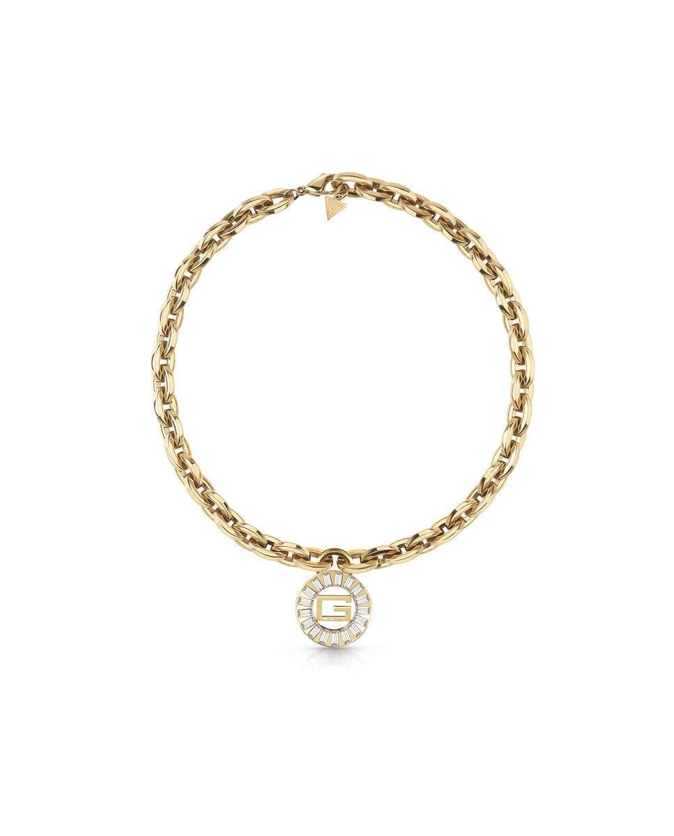 Gold chunky chain necklace with round pendant, rectangular accents, and small triangular clasp charm