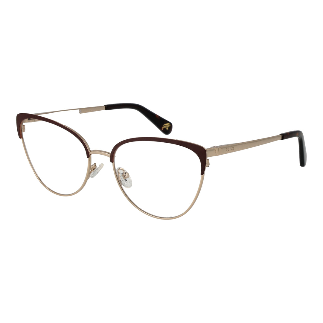 Gold metal cat-eye eyeglasses with thin black temples and adjustable nose pads on neutral background