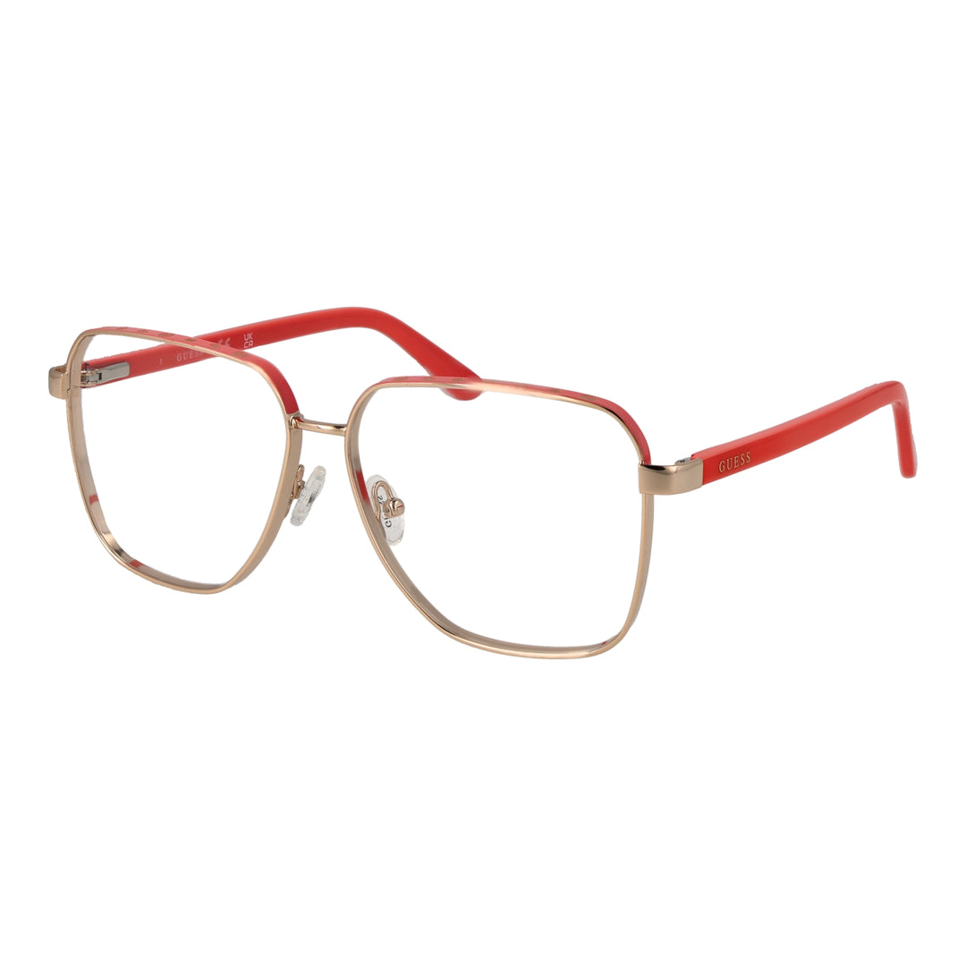 Gold thin metal square eyeglasses with adjustable nose pads on neutral background, modern design for Women