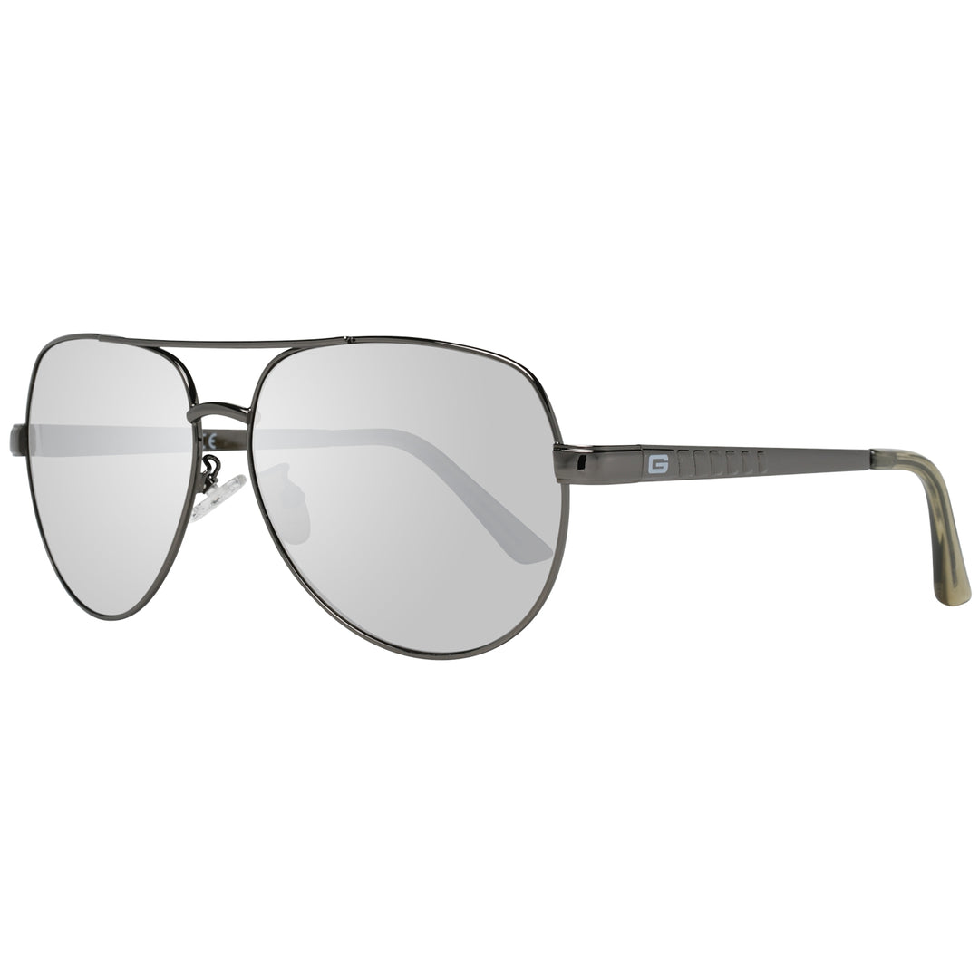 Gunmetal gray metal aviator sunglasses with double bridge and adjustable nose pads, silver finish and temple logo