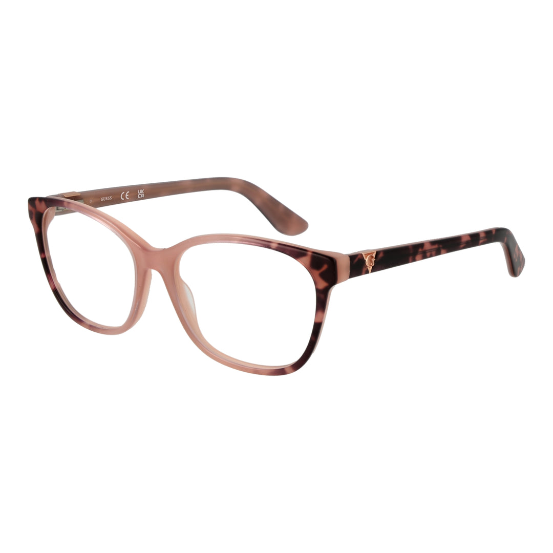 Pink and tortoiseshell full-rim rectangular eyeglasses with decorative metal logo on temples