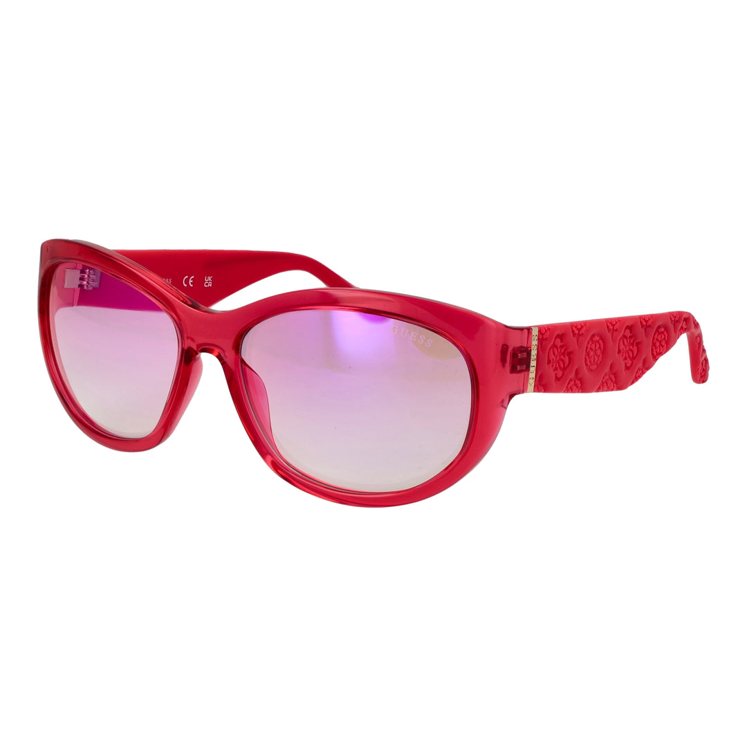 Red cat-eye sunglasses in glossy plastic with gradient lenses and embossed temple detail, logo on lens