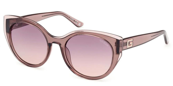 Pinkish purple retro cat-eye sunglasses on white background with gradient lenses and &