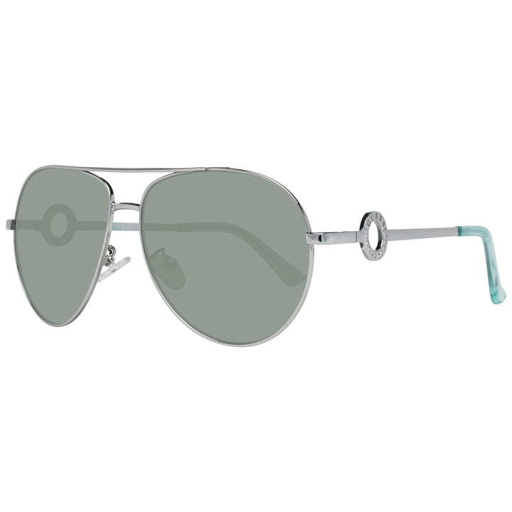 Unisex silver aviator sunglasses with green lenses, double bridge, circular temple logos, light-blue temple tips