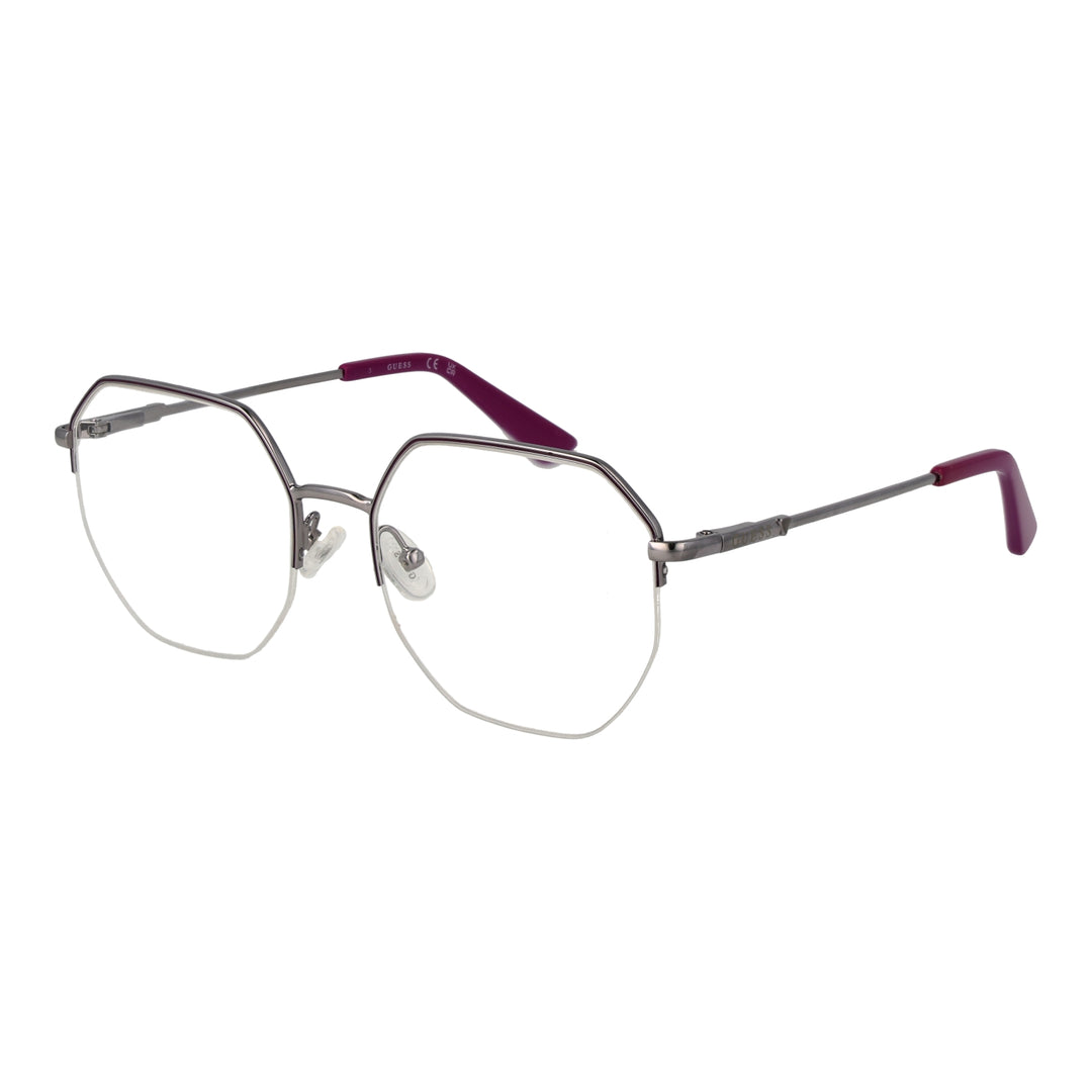 Unisex silver octagonal eyeglasses with purple accents, thin metal temples and plastic temple tips, front three-quarter view