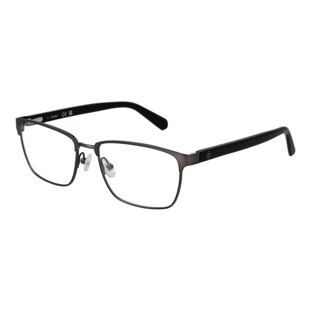 Unisex thin black metal rectangular eyeglasses with adjustable nose pads and dark gray plastic temple tips