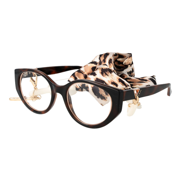 Tortoise cat-eye eyeglasses with gold temple accents and detachable leopard-print scarf on white background
