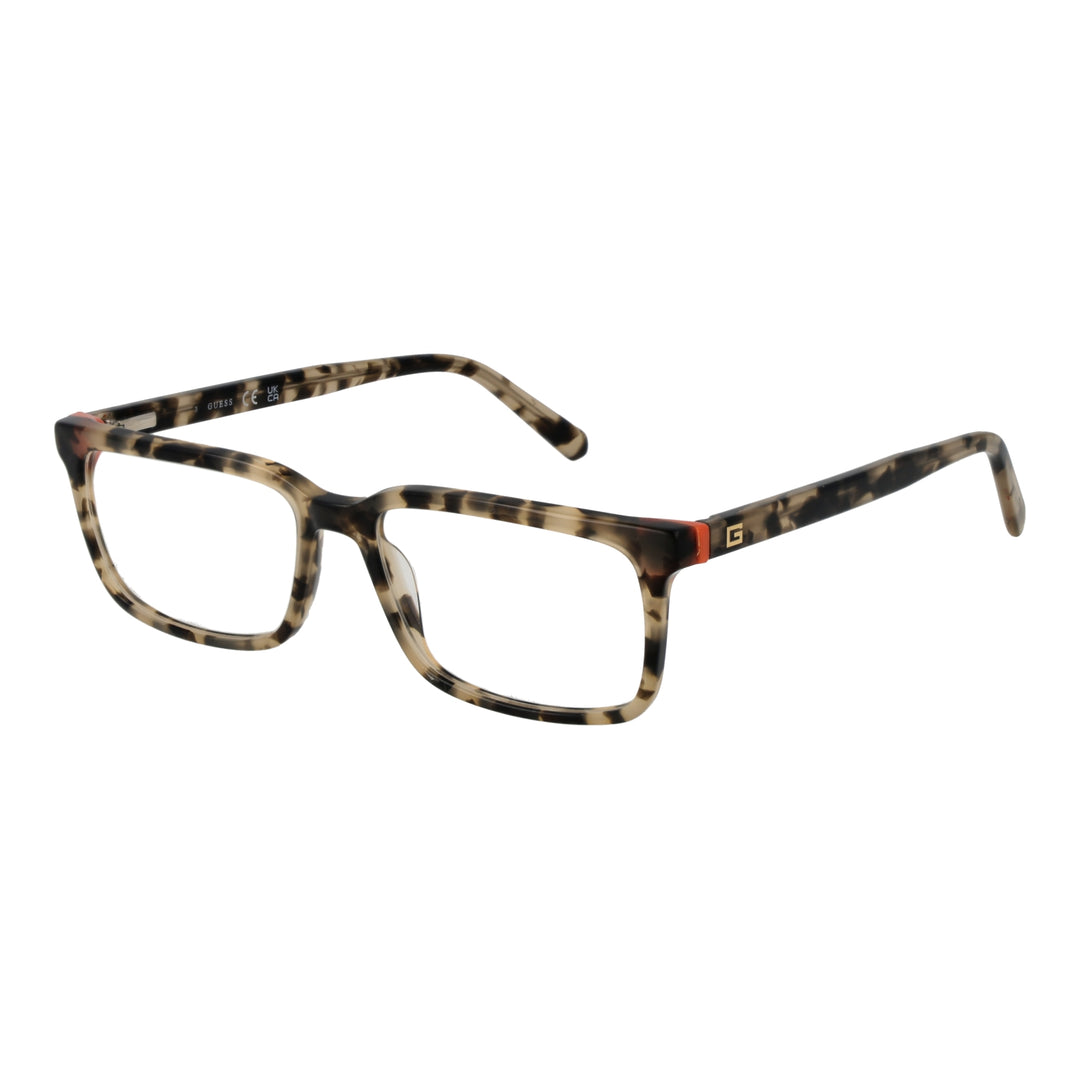 Unisex tortoise shell full-rim eyeglasses with rectangular lenses and small orange hinge accent, black and beige tones