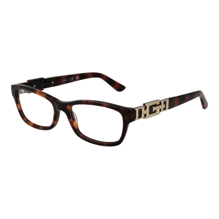 Tortoise brown full-rim rectangular eyeglasses with gold decorative hinge, lightweight plastic frame, front three-quarter view