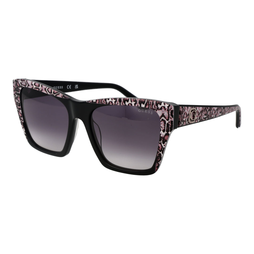 Black, pink and purple cat-eye sunglasses with animal-print edges and gradient lenses, Guess logo on temple