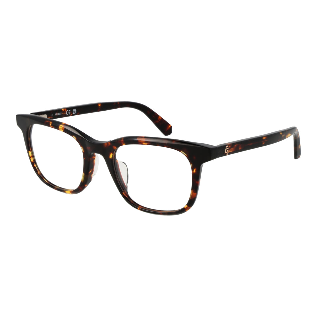 Tortoiseshell full-rim rectangular eyeglasses in brown and amber with logo on temple, front three-quarter view