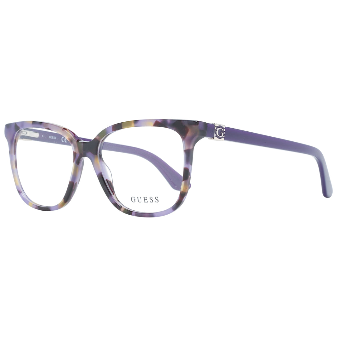 Purple multicolor tortoiseshell square eyeglasses in plastic with metallic G logo on temples, frontal view