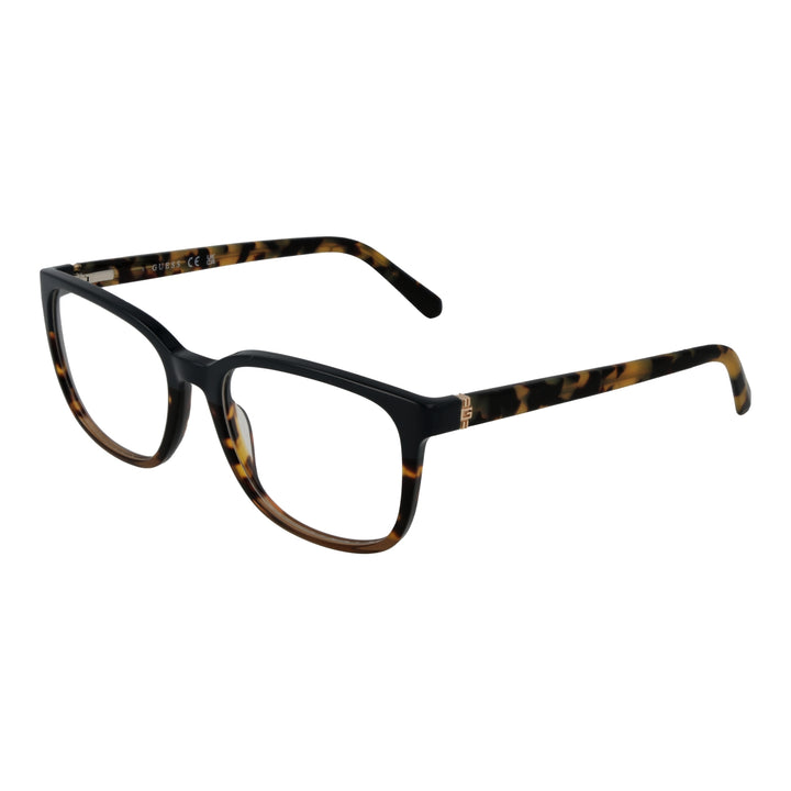 Black and tortoiseshell brown square eyeglasses in plastic with clear lenses and gold temple accents, front and side view.