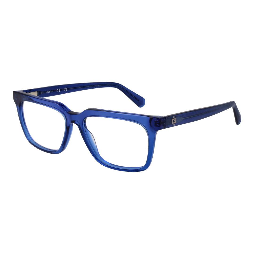 Transparent blue plastic rectangular eyeglasses with clear lenses and Guess logo on temple, modern unisex design