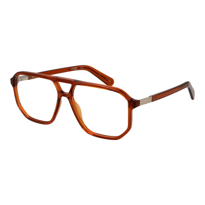 Unisex transparent brown full-rim eyeglasses with metallic temples and double bridge, retro-inspired design