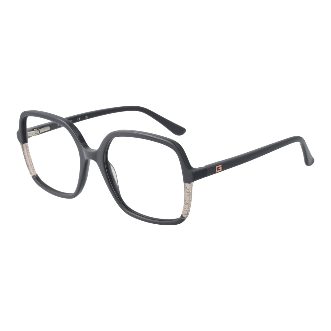 Black eyeglasses with transparent beige accents, square lenses, and logo on temple, modern two-tone plastic frame