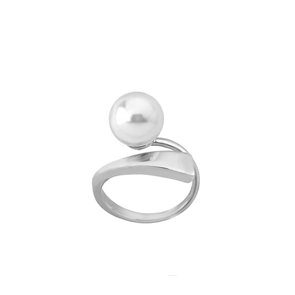 Polished silver open-band ring featuring a single cultured white pearl centered on top, minimalist modern design