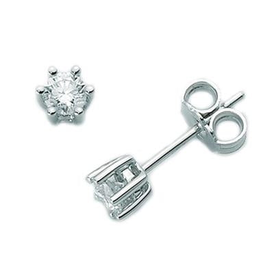 Pair of silver stud earrings with clear round gemstones in prong settings and butterfly backs