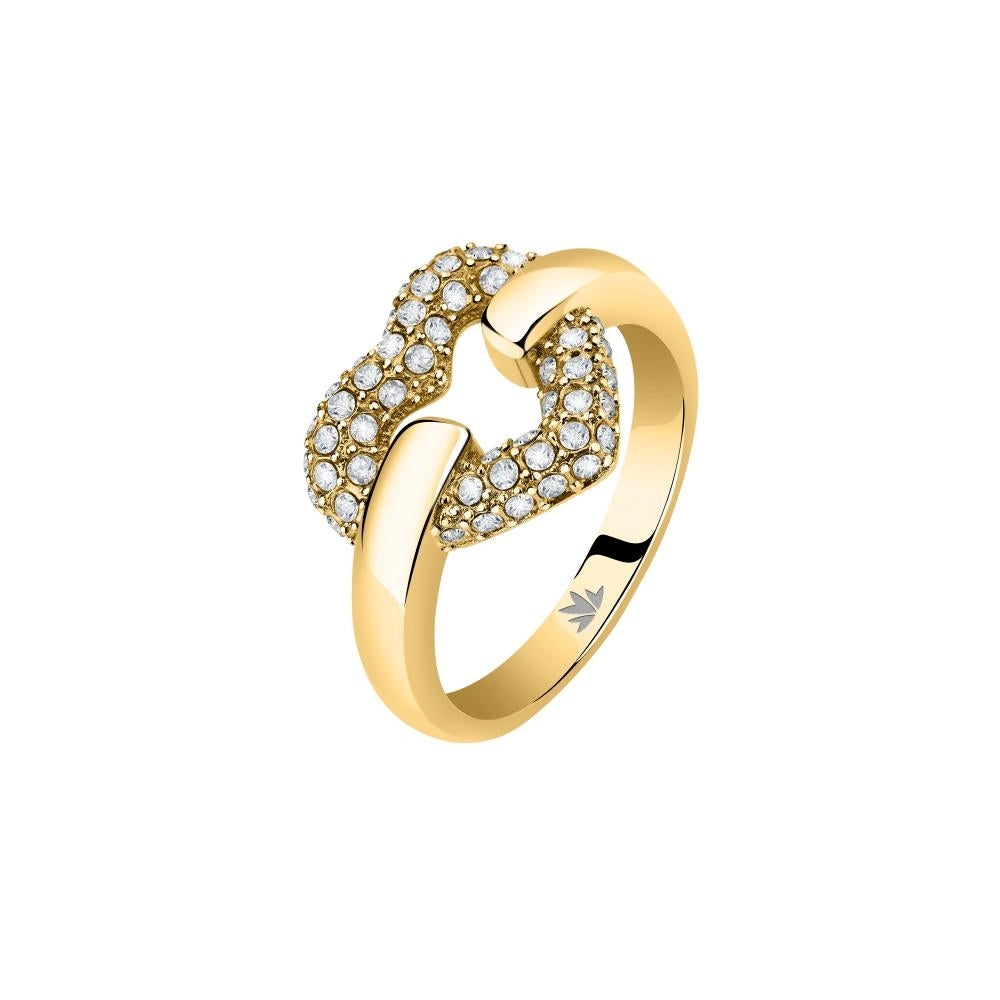 Gold metal ring for Women with embedded clear stones and polished mirror finish in official box