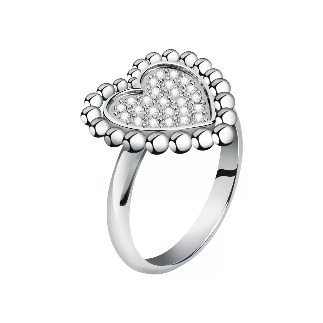 Polished silver heart ring set with small clear crystals on a smooth band, luxury finish
