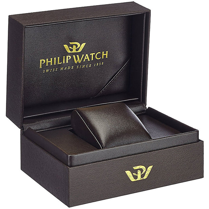 Silver stainless steel automatic watch with leather strap, white dial and gold accents