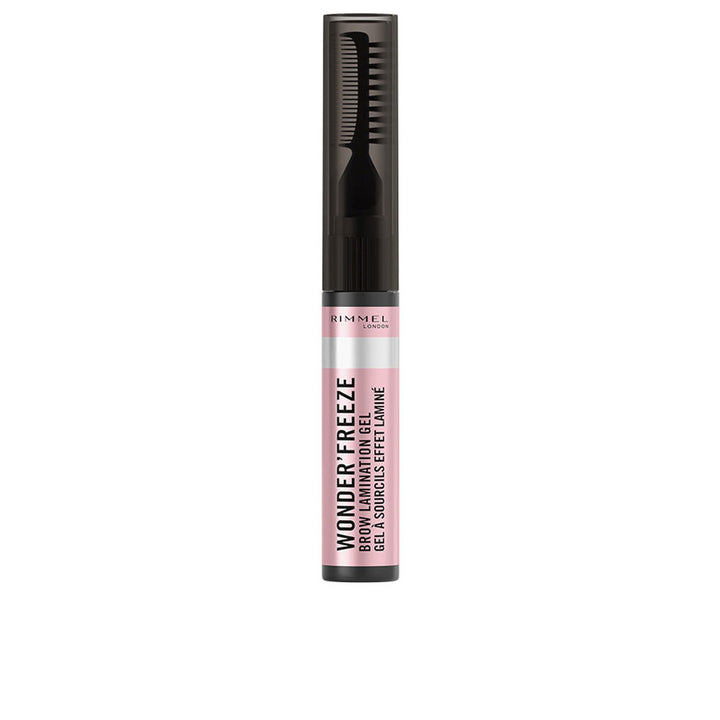 Rimmel brow lamination gel in pink and black plastic cylinder with dual-ended comb applicator.