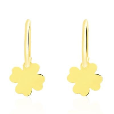 Gold four-leaf clover hook earrings in minimalist metal, shown on white background