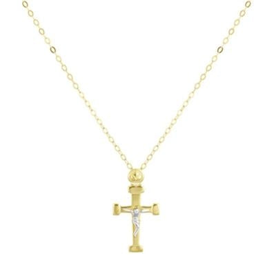 Gold pendant necklace with small cross and figurative detail on a fine gold chain laid on neutral background