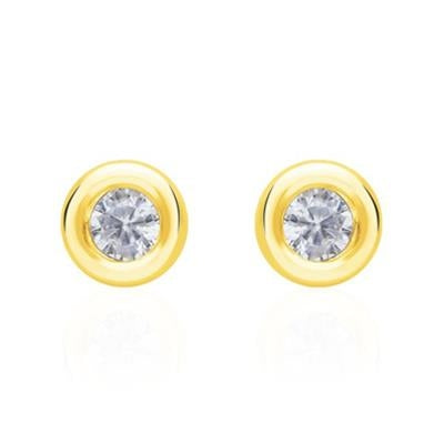 Pair of gold round stud earrings with clear faceted center stones on white background